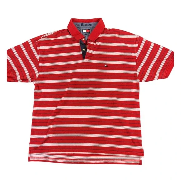 Tommy Hilfiger Mens XXL Red White Striped Short Sleeve Cotton Polo Shirt - Picture 1 of 6